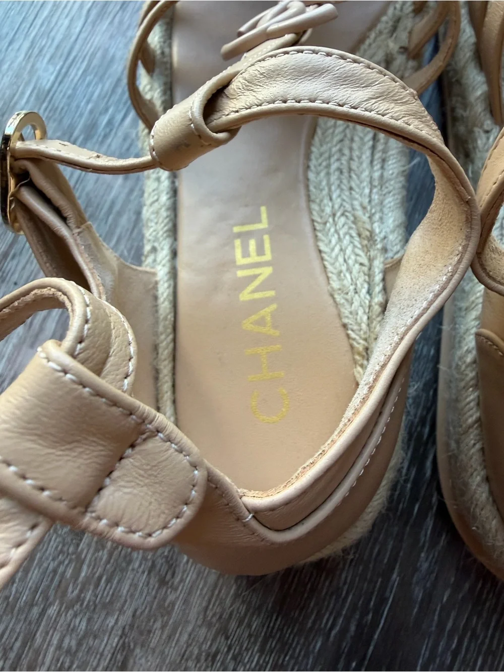 CHANEL Tan Leather Strappy Espadrille Sandals with CC Emblem